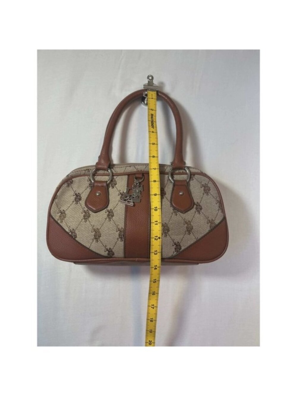 US Polo Assn Monogram Satchel Handbag Brown Canvas Faux Leather Horse Print Logo - Picture 5 of 13